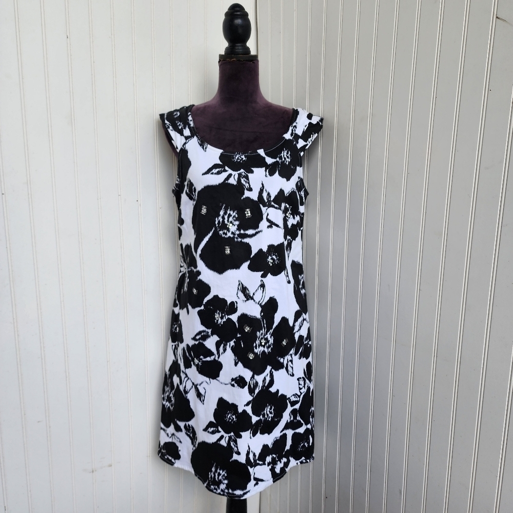 Cato Women's White Black Sleeveless Florla Stretch Print Dress Beaded Size 14